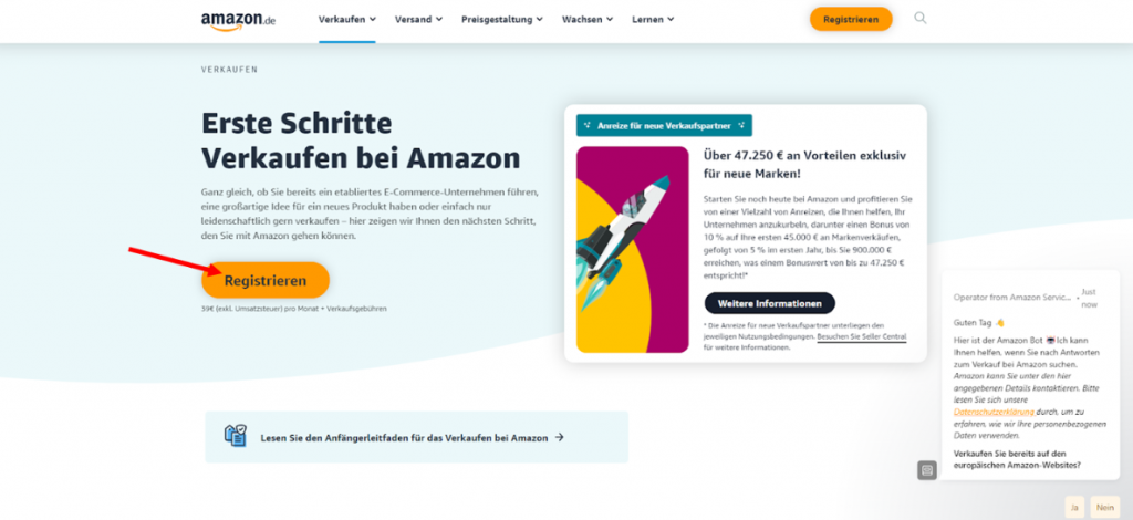 Auf der Amazon Account erstellen Seite auf den gelben Button mit dem Label "Registrieren" klicken