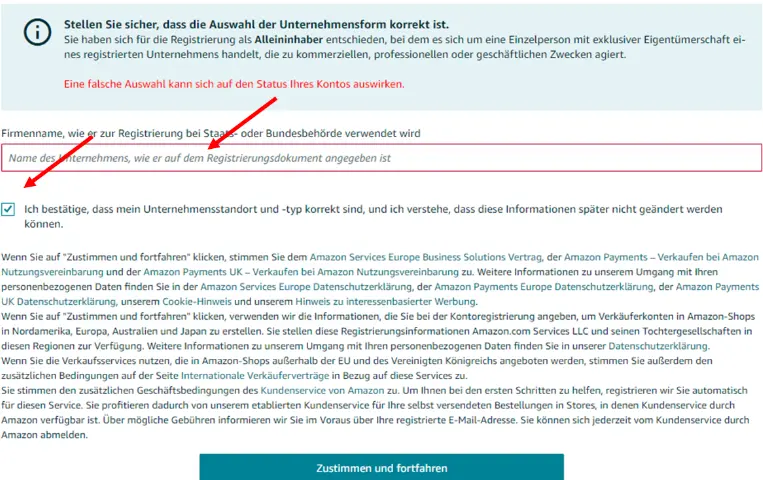 Im Prozess den Firmennamen eingeben und durch das abhaken der Checkbox bestätigen