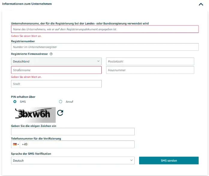 In the process for creating an Amazon Seller Account, enter the company name and other company data.