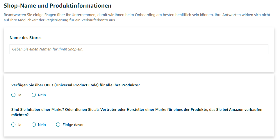 Im Prozess zum Amazon Seller Account erstellen den für Amazon geplanten Shopnamen sowie weitere Daten zum Verkauf angeben.