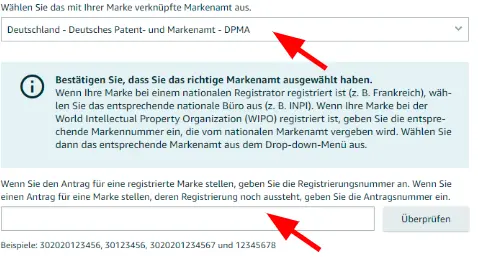 Eingabe Registrierungsbehörde und Aktenzeichen der Markenregistrierun