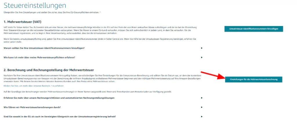 Amazon Enstellungen zur Mehrwertsteuerberechnung