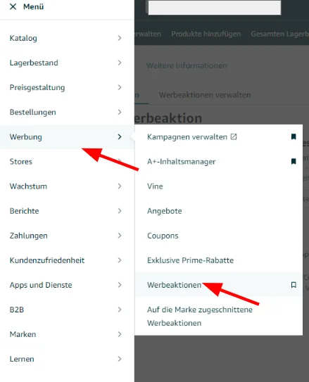 Amazon Seller Central Rabattaktion Navigation