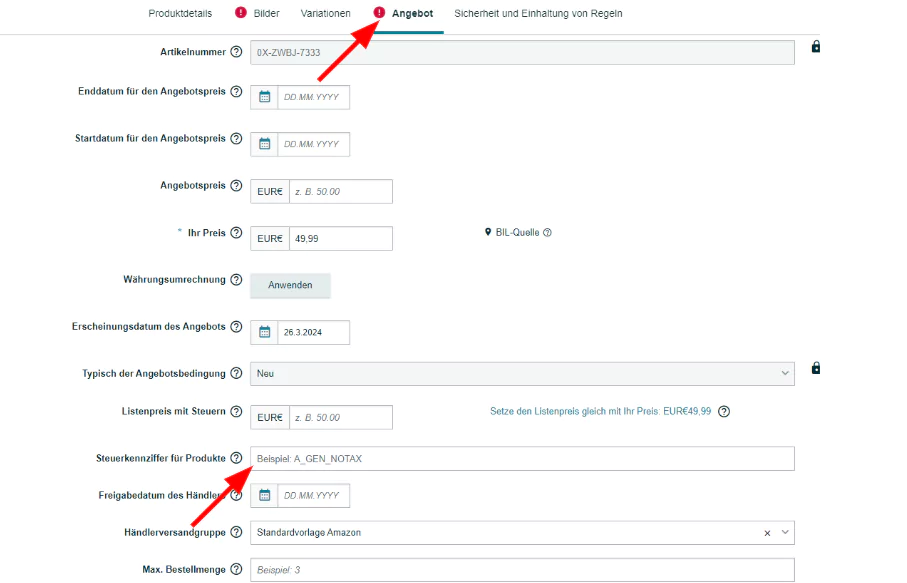 Amazon Steuercode auf Produktebene hinterlegen
